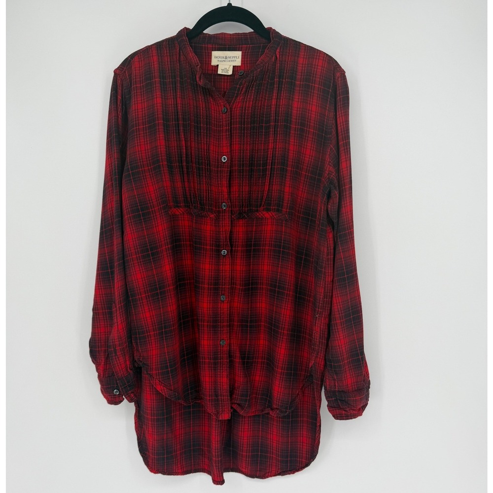 Denim & Supply Ralph Lauren Red Plaid Pintuck Tunic Top Band Collar Large